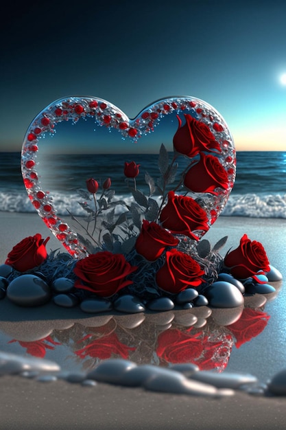 Espelho em forma de coração sentado em cima de uma praia arenosa Generative Ai
