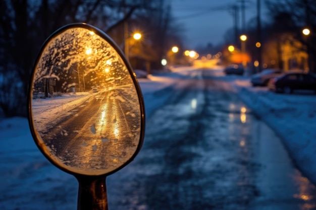 Espelho lateral de carro congelado com luzes de rua borradas criadas com IA generativa