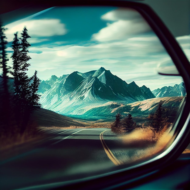 Espelho retrovisor do carro com imagem gerada por IA de reflexão da natureza