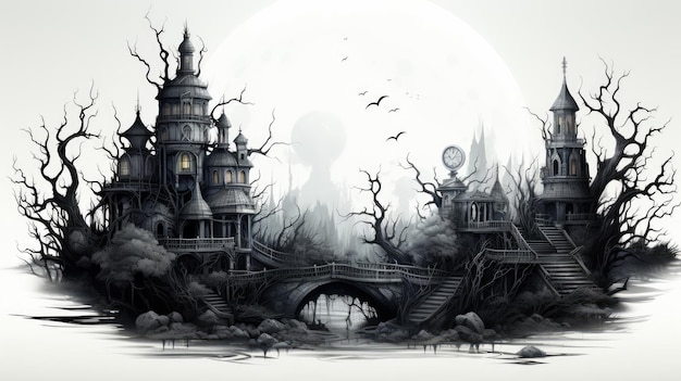 Espeluznante y aterrador castillo mansión de casa grande sobre una ilustración de fondo blanco para la fiesta de Halloween