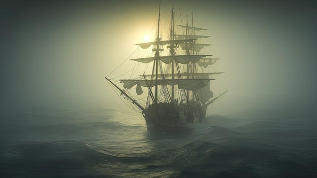 El espeluznante barco fantasma emerge de la espesa niebla que se arremolina, su casco en descomposición y sus velas rotas revelan un barco atrapado entre el reino de los vivos y el de los muertos Generado por IA