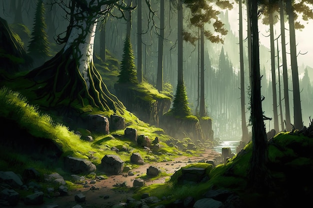 Un espeluznante bosque místico los rayos del sol al atardecer iluminan el camino
