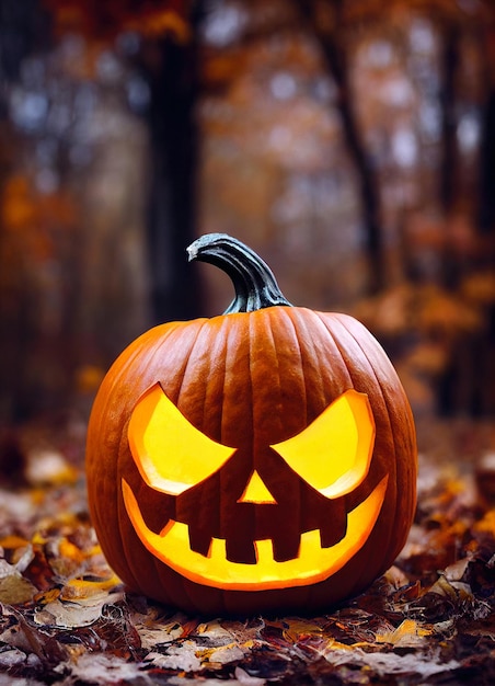 Espeluznante calabaza de Halloween de cerca en la ilustración de trama de bosque de otoño.