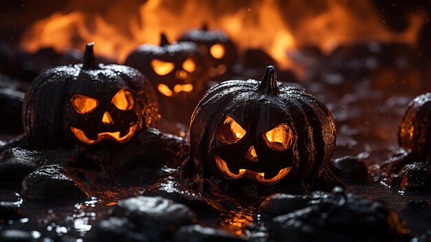 Una espeluznante calabaza de Halloween con fuego sobre un fondo negro