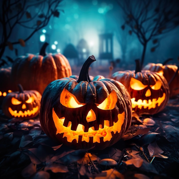 espeluznante cara brillante de calabaza de Halloween generada por Ai