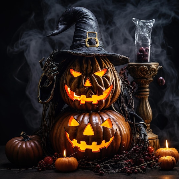 espeluznante cara brillante de calabaza de Halloween generada por Ai