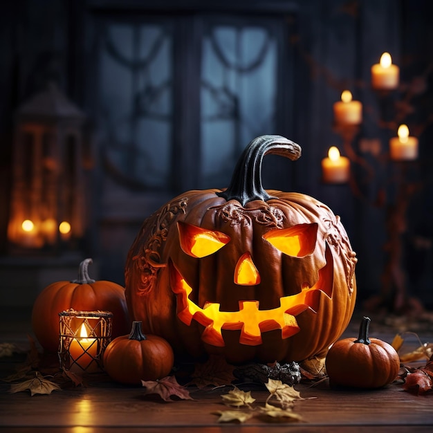 espeluznante cara brillante de calabaza de Halloween generada por Ai