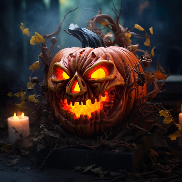 espeluznante cara brillante de calabaza de Halloween generada por Ai