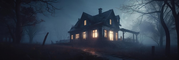 Espeluznante casa antigua en blanco y negro escondida en el bosque con un fondo de luna llena