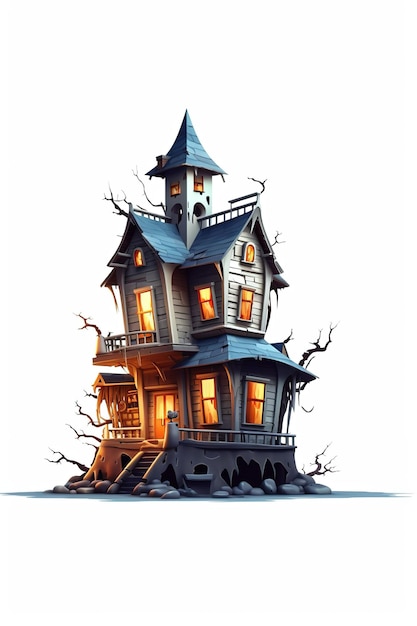 Una espeluznante casa embrujada de Halloween en un estilo de dibujos animados en papel 3D representada en una antigua y espeluznante casa embrujada