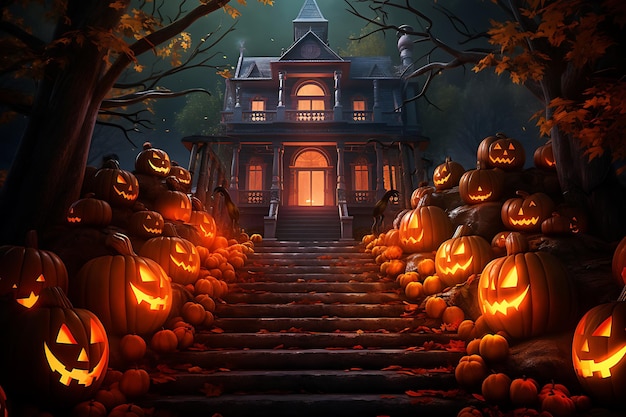 Una espeluznante casa de Halloween con calabazas en las escaleras.