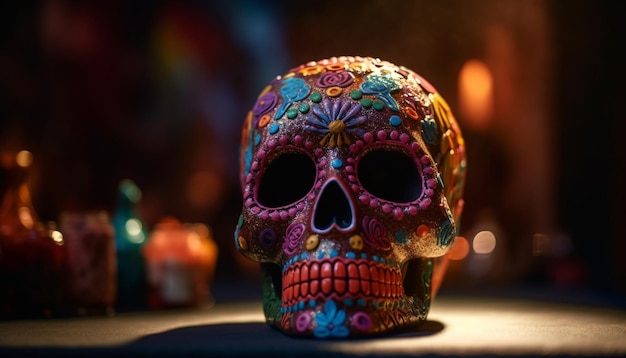 Espeluznante celebración de Halloween con decoraciones ornamentadas y calaveras iluminadas generadas por IA