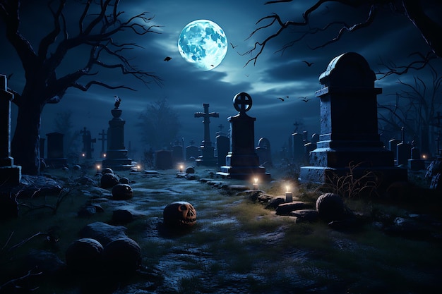 Un espeluznante cementerio de Halloween con una luna llena de fondo