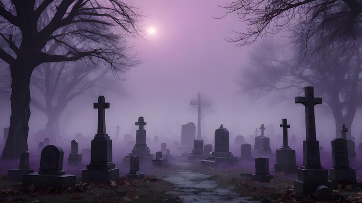 Espeluznante cementerio nocturno con niebla luna llena murciélagos y siluetas oscuras en niebla púrpura
