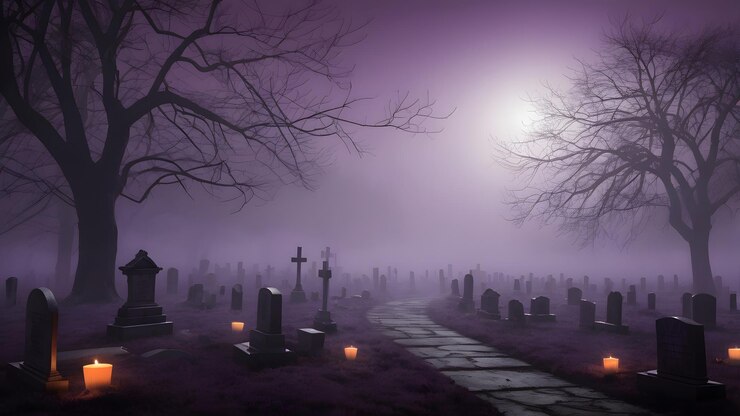 Espeluznante cementerio nocturno con niebla luna llena murciélagos y siluetas oscuras en niebla púrpura