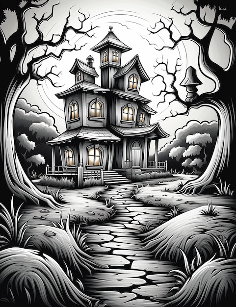 Espeluznante escena de la casa embrujada de Halloween con calabazas fantasmas