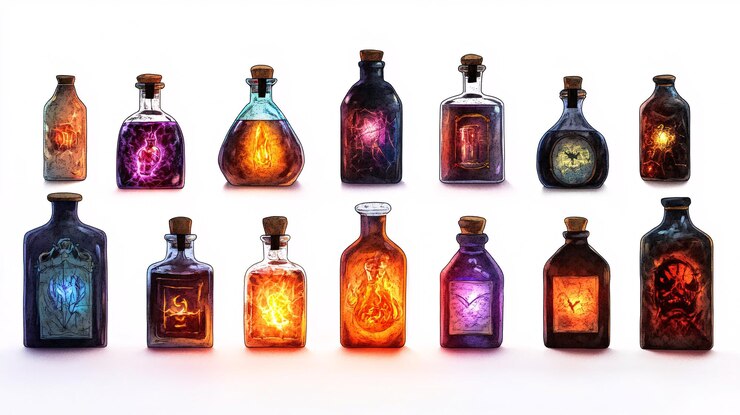 Foto espeluznante escena de halloween una colección de varias botellas de pociones espeluznantes con etiquetas misteriosas que brillan suavemente aisladas sobre un fondo blanco