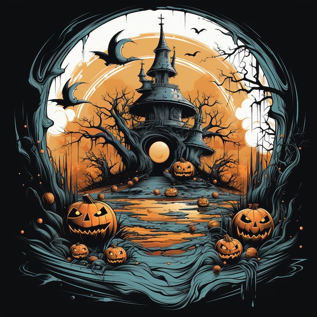 Foto espeluznante escena de halloween ilustración antigua de un castillo embrujado murciélagos y calabazas