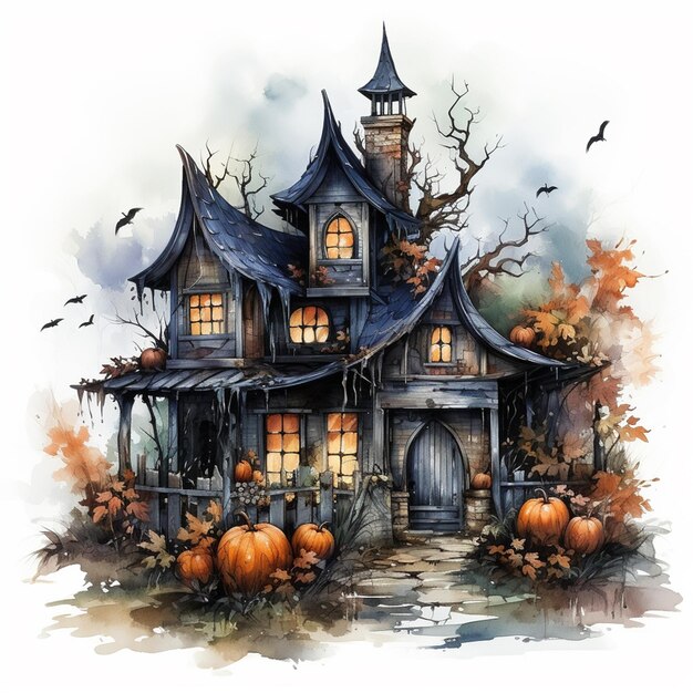 Espeluznante escena de Halloween Ilustración antigua de un castillo embrujado Murciélagos y calabazas