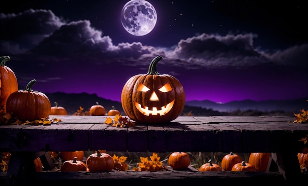Foto espeluznante escena de halloween con jack o linternas, luna llena y un cielo púrpura