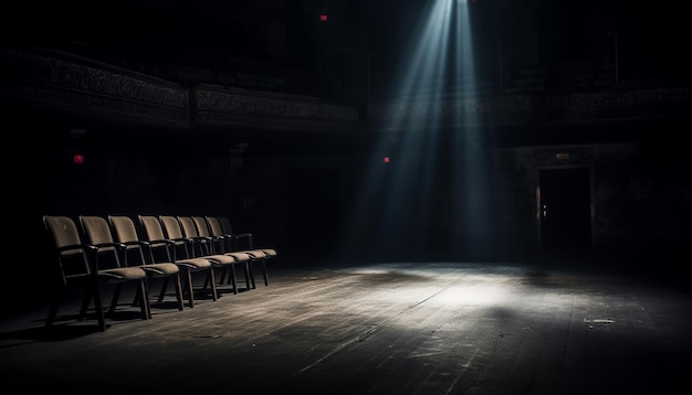 Espeluznante escenario de teatro iluminado por un reflector brillante en una noche vacía generada por IA