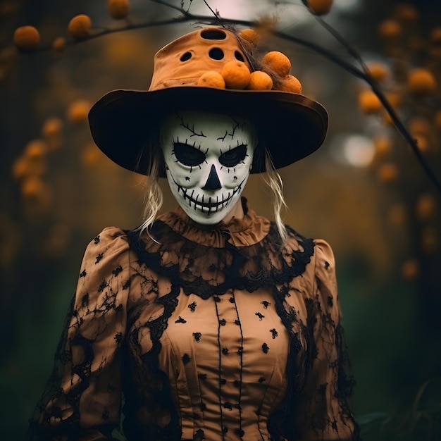 espeluznante espantapájaros mujer con una calabaza para la cabeza fotografía de moda de halloween