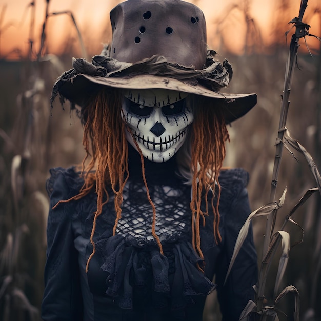 espeluznante espantapájaros mujer con una calabaza para la cabeza fotografía de moda de halloween