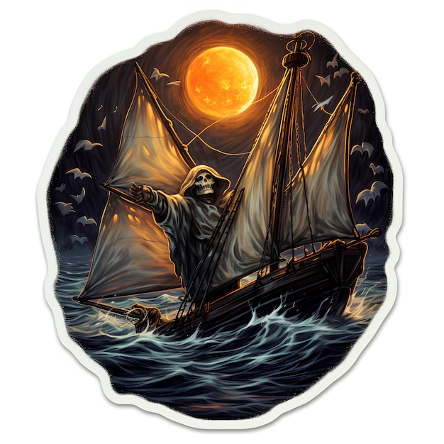 Foto espeluznante fantasma de halloween en el velero y pegatina de luna llena