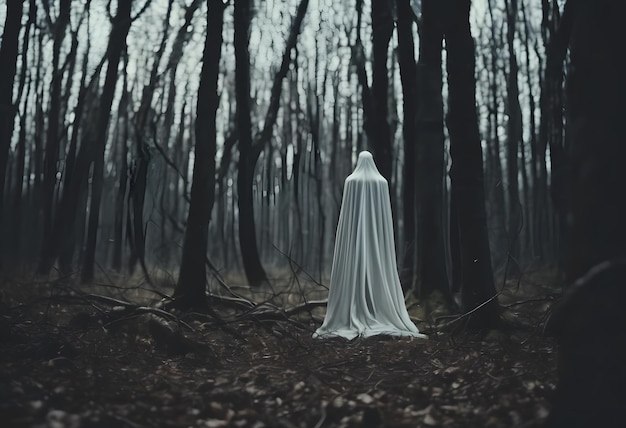 Espeluznante fantasma de pie en el suelo en el bosque