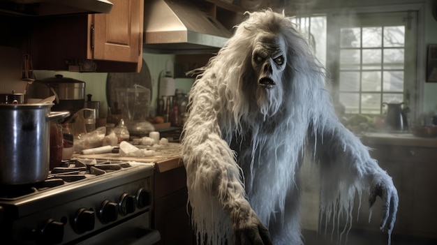 El espeluznante fantasma Yeti en la cocina Foto ultra realista