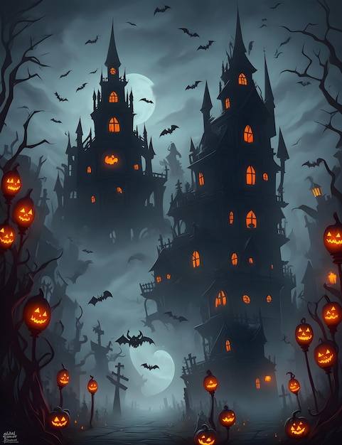 Foto espeluznante feliz castillo de halloween dibujos animados fondos de ilustración