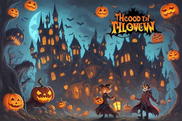 Foto espeluznante feliz castillo de halloween dibujos animados fondos de ilustración