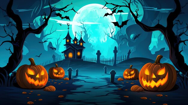 Foto espeluznante en halloween un camino hacia una casa embrujada en una noche oscura y escalofriante en una jungla con murciélagos
