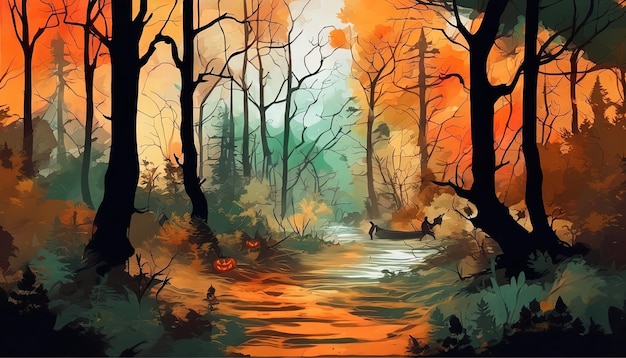 Una espeluznante ilustración del bosque de Halloween.
