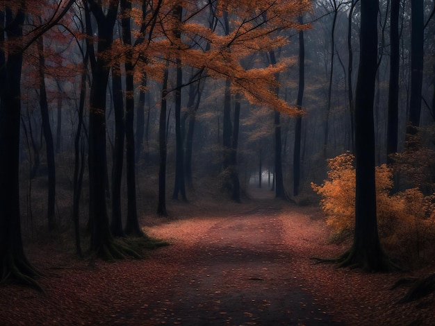 Espeluznante misterio oscuro del bosque otoñal en una escena rural abandonada generada por ai