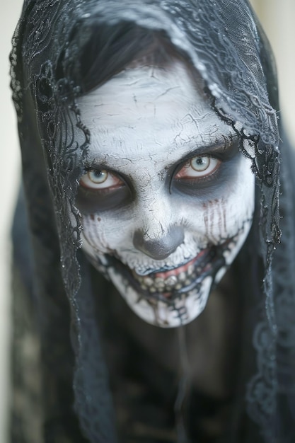 Espeluznante mujer zombi con velo negro y maquillaje sangriento para el concepto de horror de Halloween