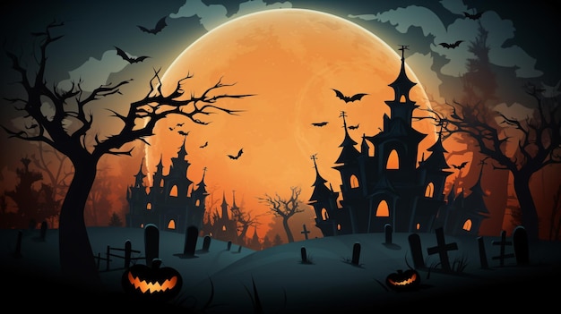 Espeluznante noche de Halloween con luna llena y siluetas de casas encantadas, perfectas para crear espeluznantes invitaciones a la fiesta de Halloween.