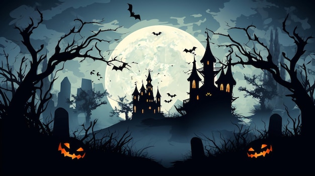 Espeluznante noche de Halloween con luna llena y siluetas de casas encantadas, perfectas para crear espeluznantes invitaciones a la fiesta de Halloween.