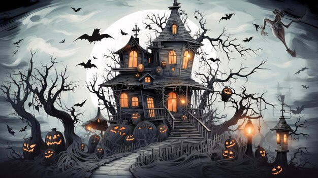 Espeluznante noche de Halloween con murciélagos de casas encantadas y una atmósfera espeluznante con IA generativa