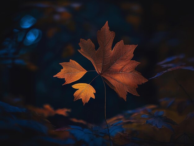 Una espeluznante noche de otoño una hoja brillante en un árbol del bosque oscuro