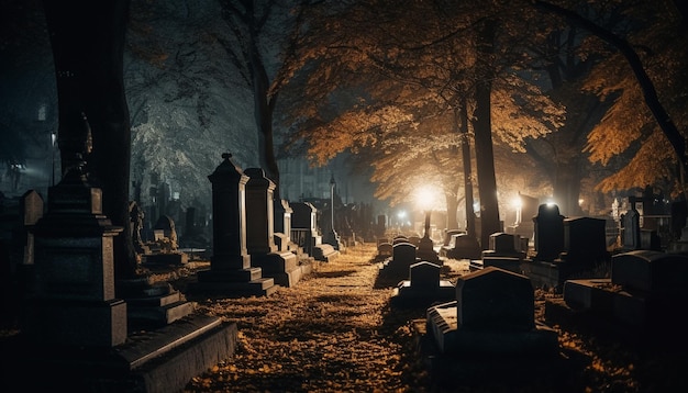 Espeluznante noche de otoño tumba de árbol muerto generada por IA