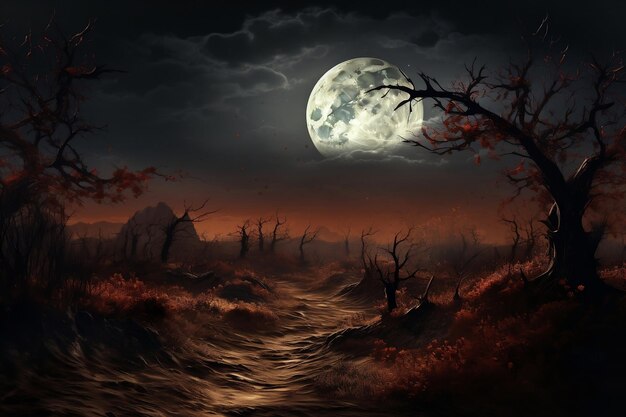 Un espeluznante paisaje de Halloween con una luna Generative Ai