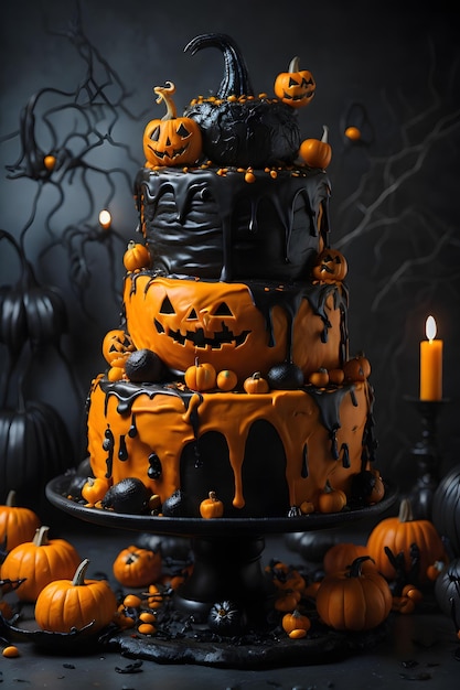 Un espeluznante pastel de Halloween de tres niveles generado por ai