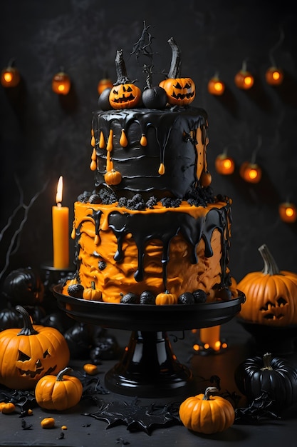 Un espeluznante pastel de Halloween de tres niveles generado por ai