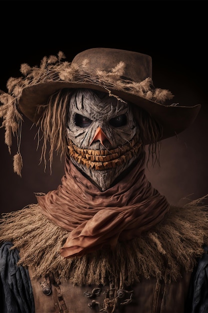 Un espeluznante personaje de espantapájaros de Halloween con cara hueca y disfraces clásicos con un sombrero de bruja