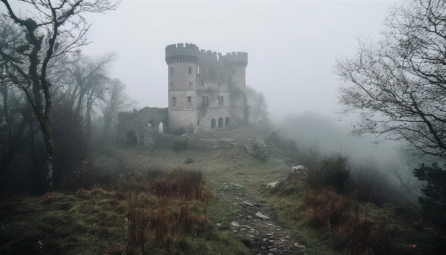 Espeluznante ruina en un paisaje boscoso de niebla generado por IA