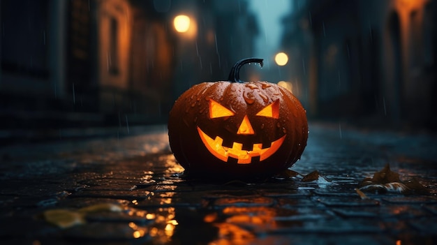 espeluznante sonrisa de halloween calabaza jackolantern en la calle de la lluvia