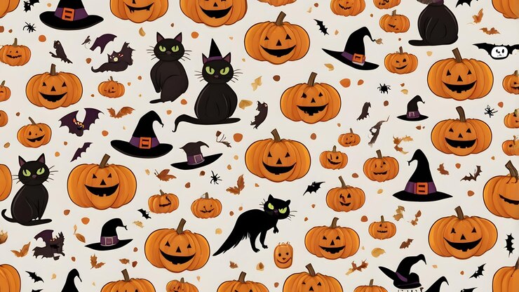 Espeluznante telón de fondo de Halloween con calabazas, sombrero de bruja, gato y murciélagos