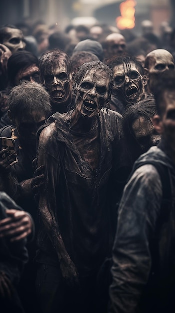 Espeluznante zombie gente muerta multitud caminando generativa ai imagen artística con suave desenfocado enfoque selectivo