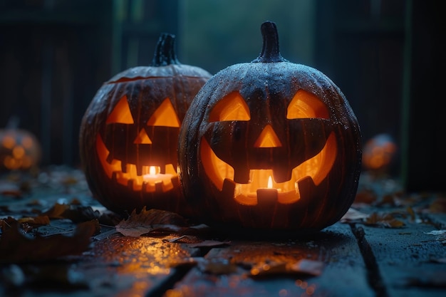 Foto las espeluznantes calabazas de halloween brillando en una noche misteriosa